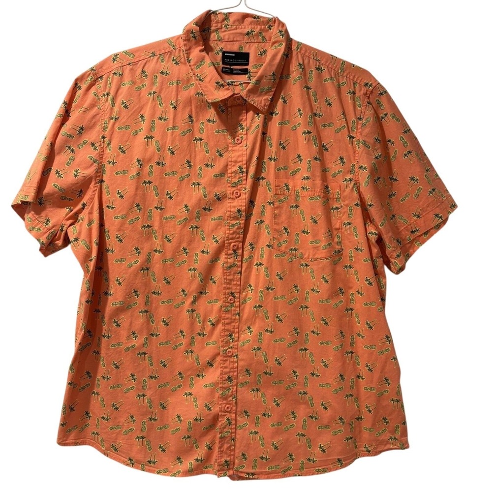 Public Opinion Shirt Mens 2XL Orange Tropical Palm Print Button Up Casual